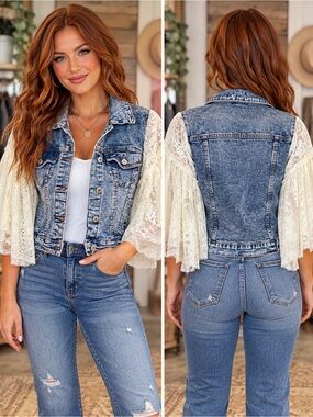 Upcycled ASHLEY Vintage Lace Sleeve Acid-Wash Denim Jacket